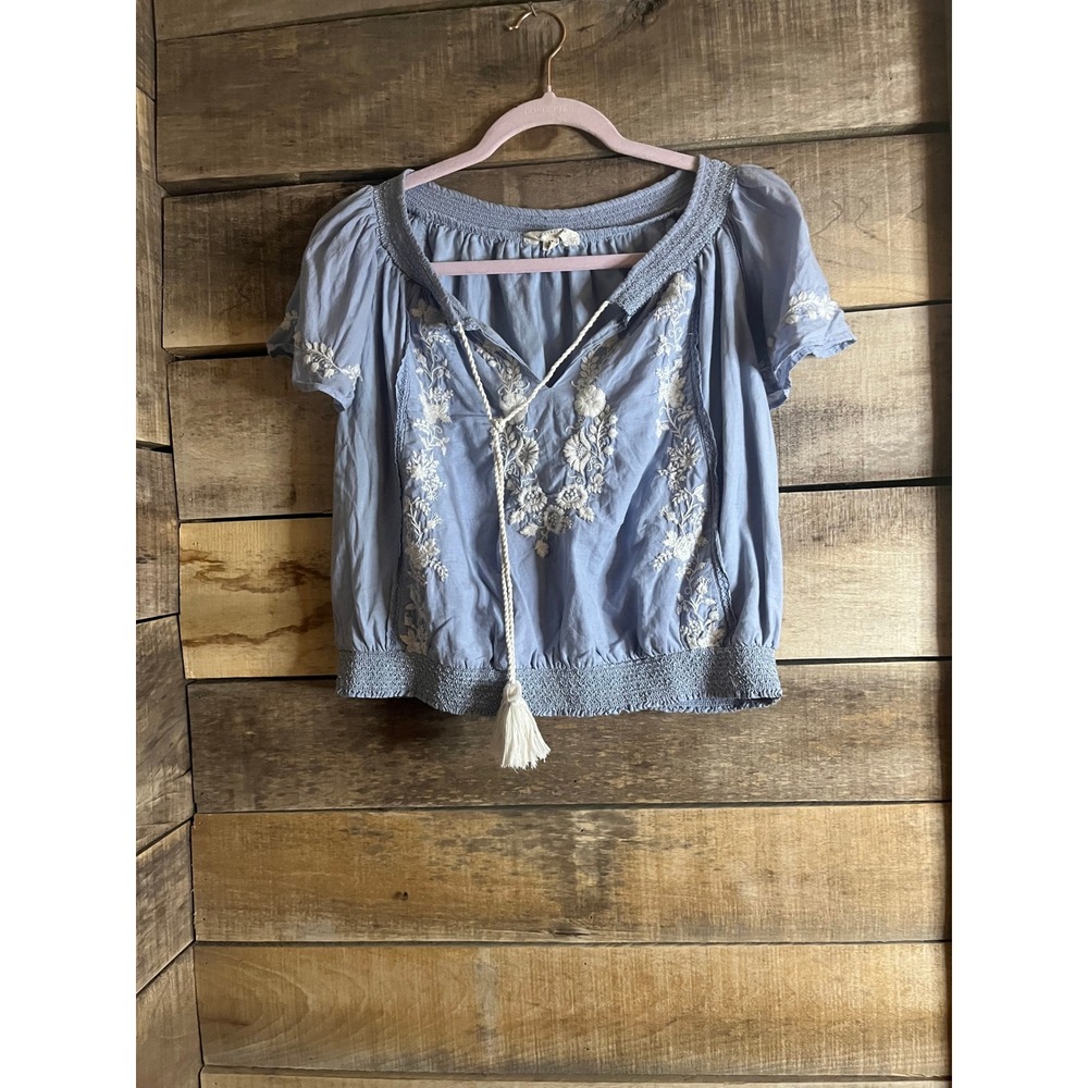 Lucky Brand Blue Embroidered Peasant Blouse Smocked Tassel Top XS